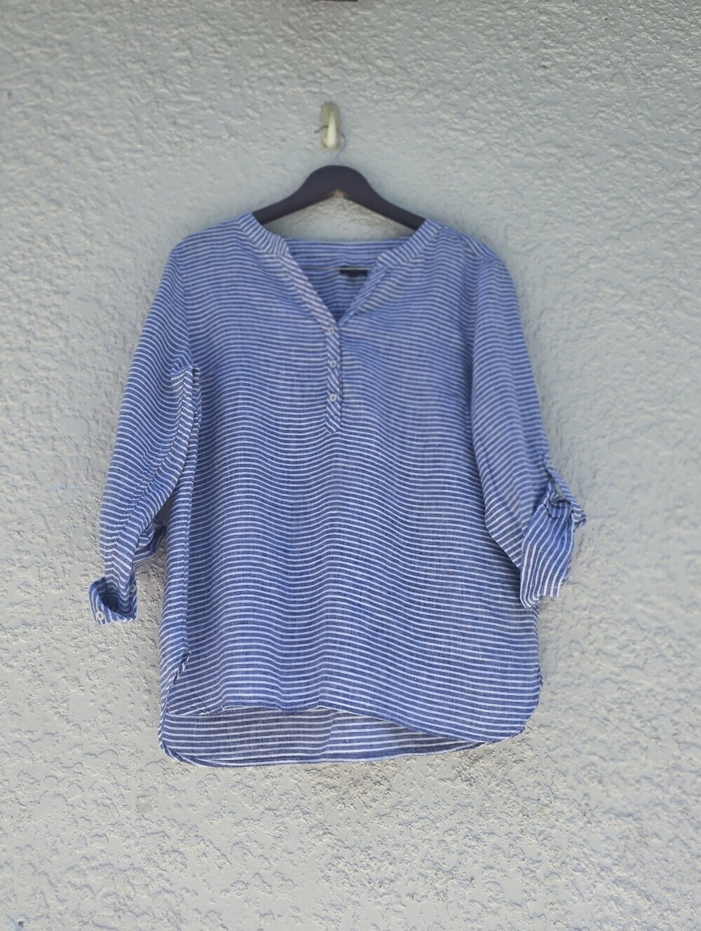 Talbots Blue White Striped 100% Linen Popover Blouse Top Roll Tab XLP - Picture 2 of 14